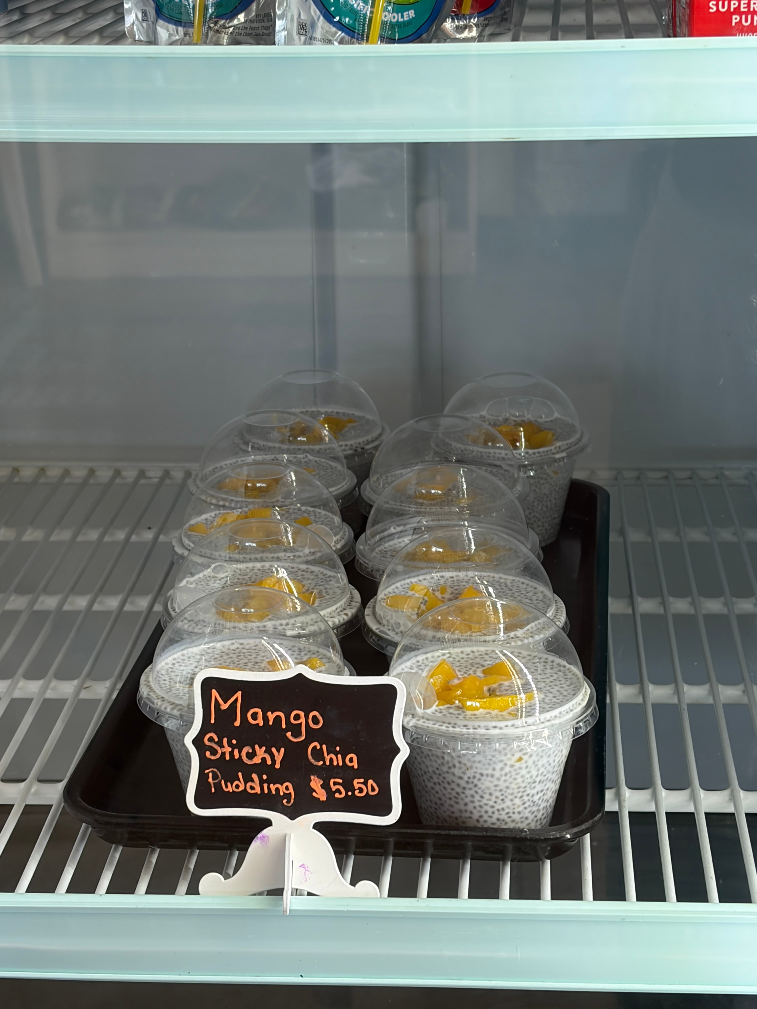 Mango sticky chia pudding cups at Cuptown Coffee